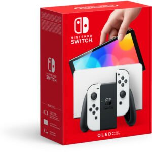 nintendo switch (modèle oled) avec station d’accueil et manettes joy con blanches